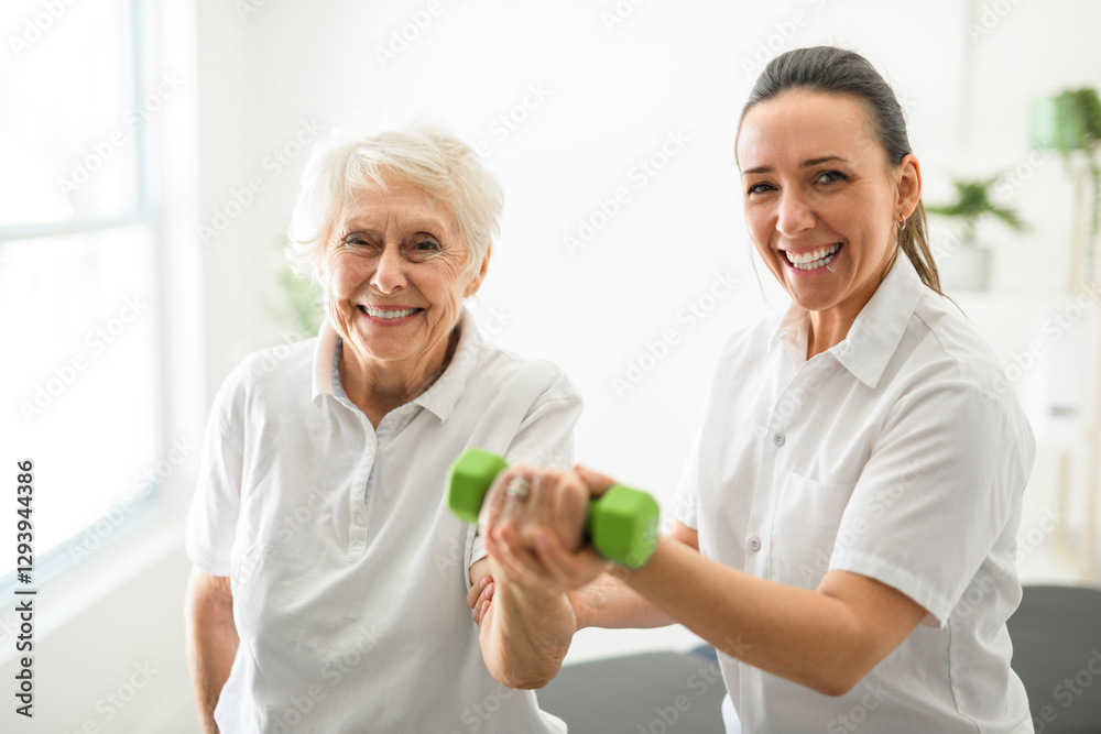 Obraz premium physiotherapist helping senior woman in clinic. Elderly woman undergoing physiotherapy treatment for injury