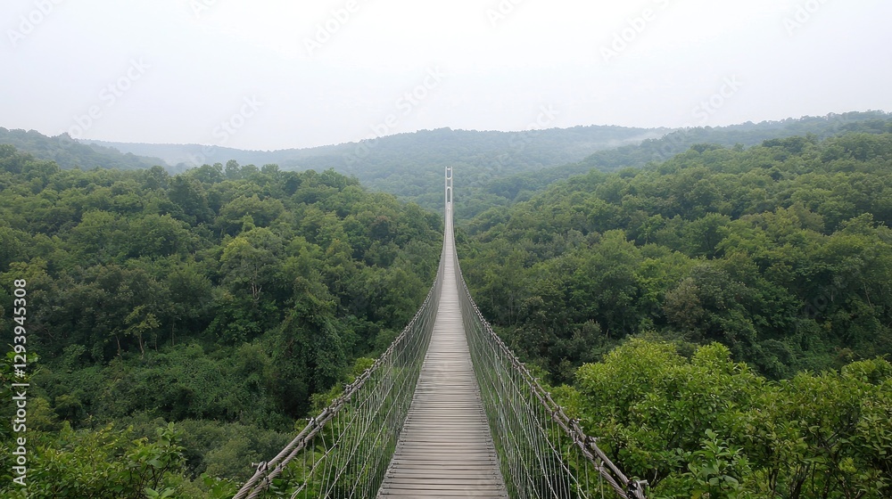 Suspension bridge over lush valley, misty morning, travel Suspension bridge over lush valley, misty morning, travel