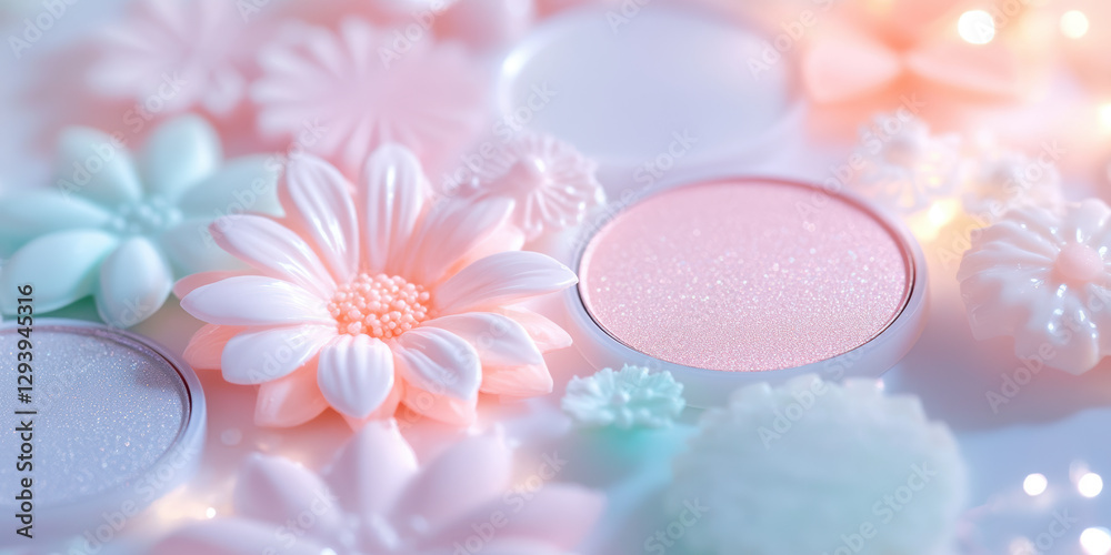 Pastel cosmetic arrangement with flowers and glittering powder for elegant beauty aesthetic