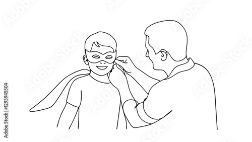 Line drawing of a father assisting his young son in putting on a superhero mask and cape. A tender moment of playful bonding and imaginative games.