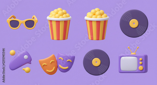 3D Rendered Entertainment Icons Popcorn, Vinyl Records, Theater Masks, and Retro Television on