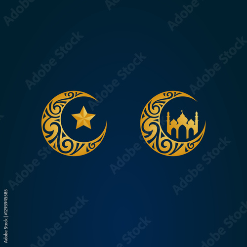 Islamic Ramadhan Crescent Moon, Moon Star and Mosque Dome