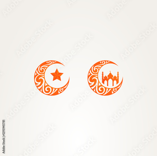 Colorful Islamic Ramadhan Crescent Moon, Moon Star and Mosque Dome