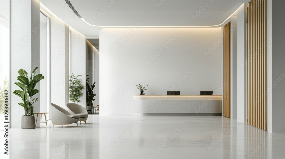 Fototapeta premium Modern Minimalist Reception Area with Plants and Bright Light