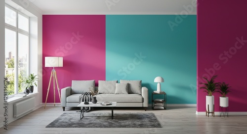 A contemporary living room features a gray sofa, teal and pink accent walls, a gray rug, coffee table, floor lamps, and potted plants. Minimalist decor.