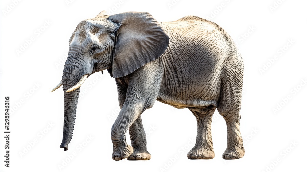 Fototapeta premium A majestic elephant turns towards the left, its textured gray skin catching light; prominent tusks and expressive trunk add to its grandeur