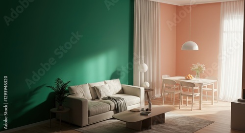 A sunlit apartment features a beige sofa, coffee table, dining set with peach walls, green accent wall, and sheer curtains. Minimalist dcor with natural light.