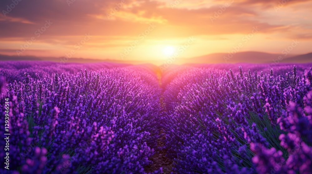 Fototapeta premium Vibrant Purple Lavender Field at Sunset, Warm Golden Hour Light, Peaceful Nature Landscape