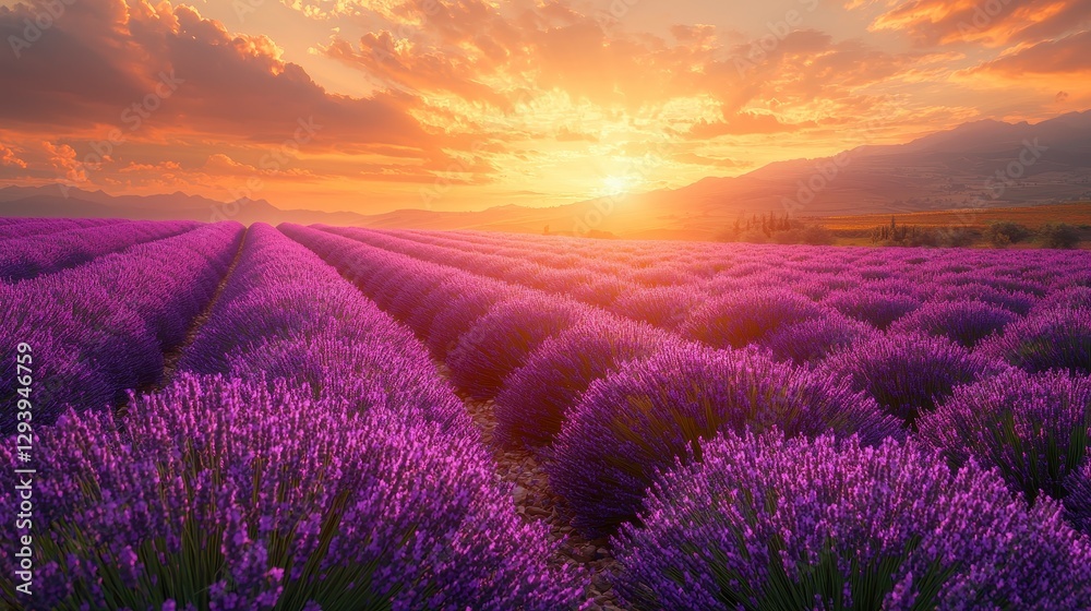 Fototapeta premium Vibrant Purple Lavender Field at Sunset
