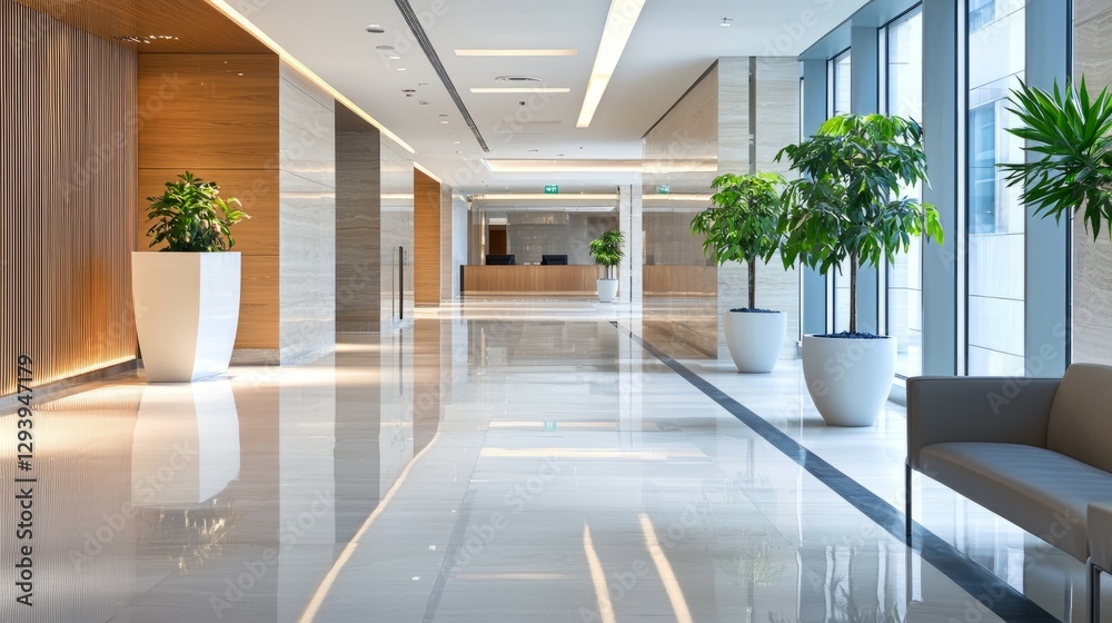 Obraz premium Modern Office Lobby with Sleek Design and Green Indoor Plants
