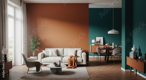 A contemporary living space features a beige sofa, orange and teal walls, herringbone floors, and midcentury modern furniture. A stylish coffee table and armchair complete the look.