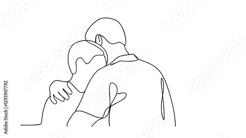 A singleline drawing depicts two men embracing from behind. One mans arm wraps around the others shoulder, conveying comfort, support, and affection. The style is minimalist and emotionally evocative.