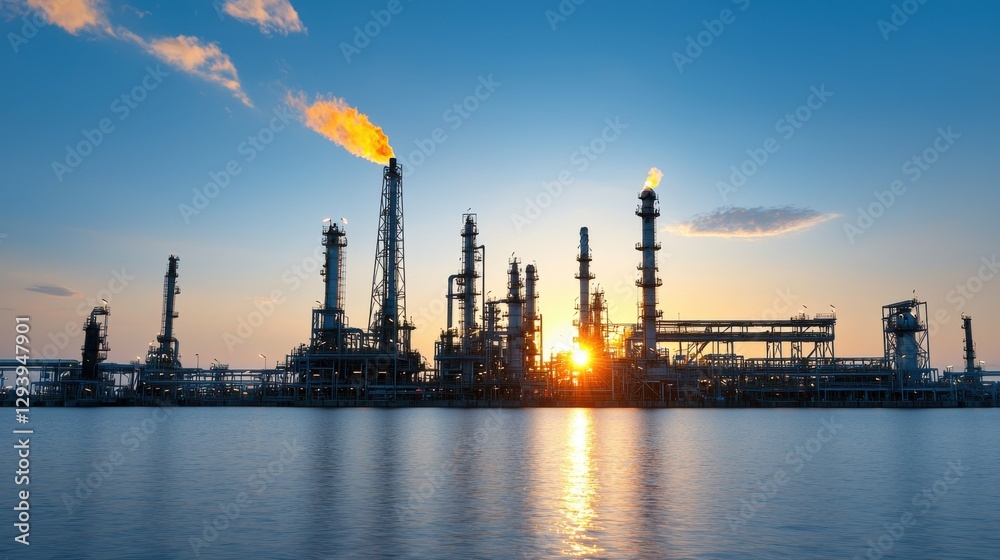 Fototapeta premium Industrial pipeline and pressure gauge in steel refinery sunset view