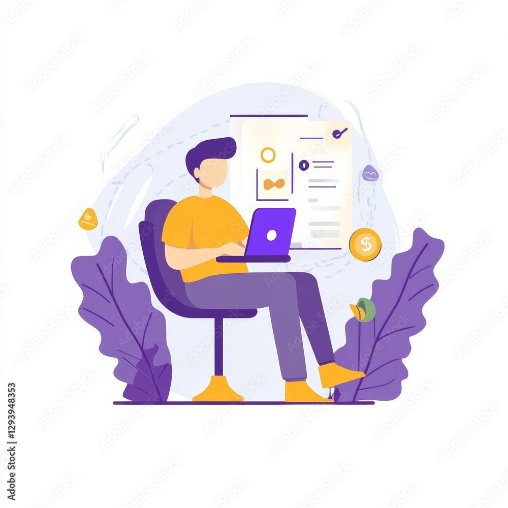 Vector Illustration of a Freelancer Using Laptop with Business Analytics Vector Illustration of a Freelancer Using Laptop with Business Analytics