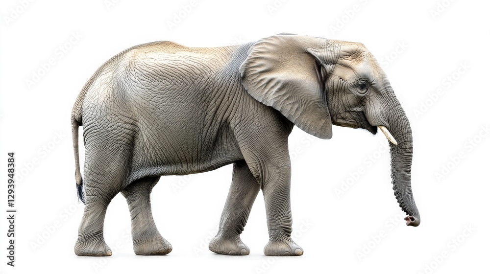 Fototapeta premium A majestic gray elephant with a long, slender trunk elegantly strides toward the right, creating a sense of movement and grace within its serene surroundings