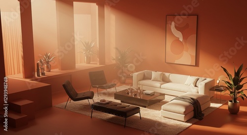 A sundrenched minimalist living room features a cream sectional sofa, dark armchairs, and a low coffee table. Orange walls and potted plants add warmth. Abstract art hangs on the wall.
