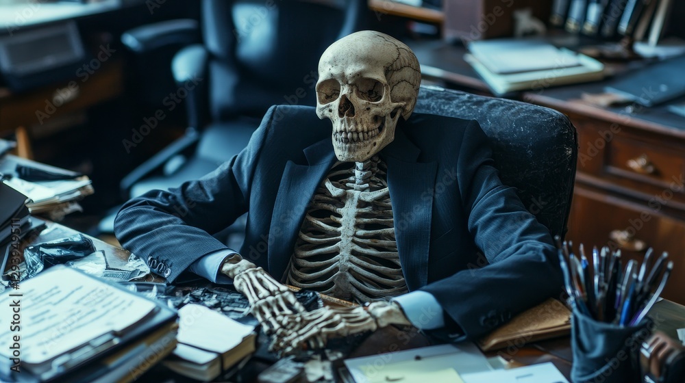 Skeletal figure waits at cluttered office desk. Skeletal figure waits at cluttered office desk.
