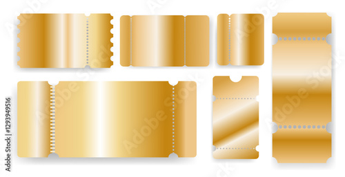 Golden tickets templates with various shapes set, perforated edges and a metallic shine for VIP events, luxury invitations, exclusive parties, cinema passes, raffle tickets, promo.Vector illustration
