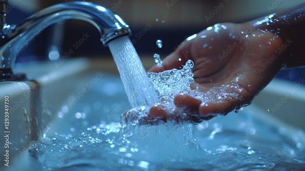 Fototapeta premium A hand turning on a faucet with crystal-clear water flowing out, high-resolution detail, copy space on the left.