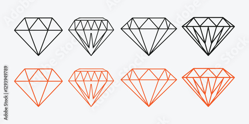 Diamond Icon Set Collection. Minimalist Diamond Symbol Pack. Luxury Gemstone Icon Bundle. Geometric Diamond Outline Icons.