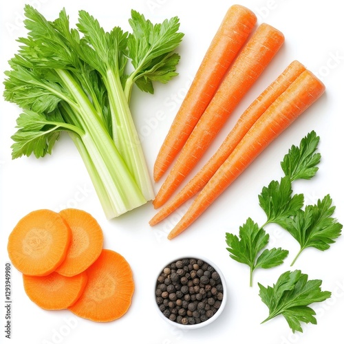 Fresh Celery, Carrots, and Parsley on White Background