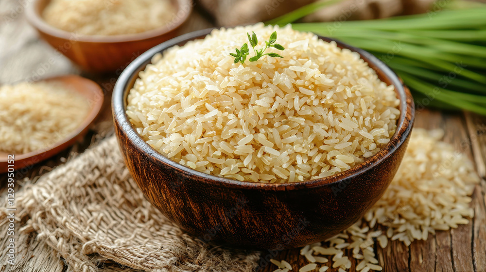 Aromatic brown rice served in wooden bowl, garnished with herbs Aromatic brown rice served in wooden bowl, garnished with herbs