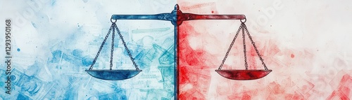 A balanced scale divided into blue and red colors, symbolizing justice, fairness, and the dichotomy of opinions or values in society.