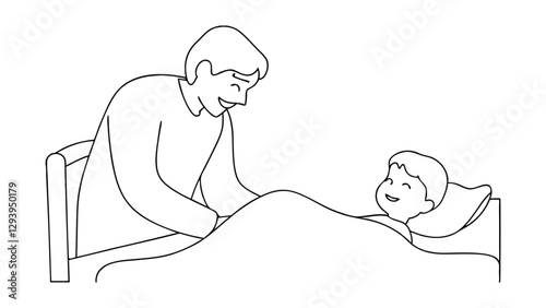 Line drawing of a father gently tucking his son into bed. The boy smiles contentedly under the covers. A heartwarming scene depicting bedtime and family love.