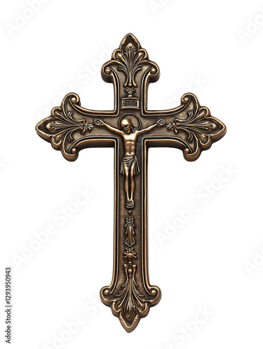 Ornate bronze crucifix with intricate designs and detailed depiction of Jesus Christ isolated on transparent background