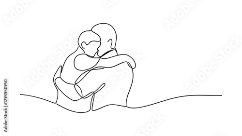 A minimalist line drawing depicts a father embracing his young child. The image showcases love, affection, and the strong bond between parent and child. Simple yet powerful.