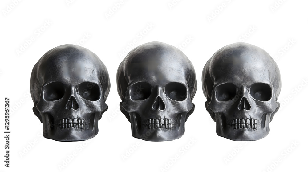 Group view of three detailed human skulls with visible features, isolated on transparent background Group view of three detailed human skulls with visible features, isolated on transparent background
