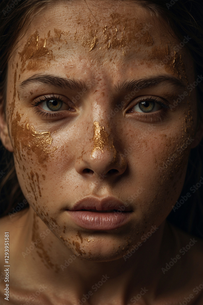 Striking portrait of a woman with golden face mask. Close-up, skin texture, detail-rich Striking portrait of a woman with golden face mask. Close-up, skin texture, detail-rich