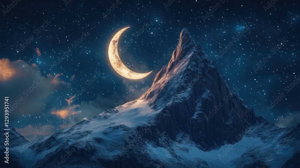 Obraz premium Surreal Crescent Moon Resting Atop Snowy Mountain Peak Under Starry Night Sky