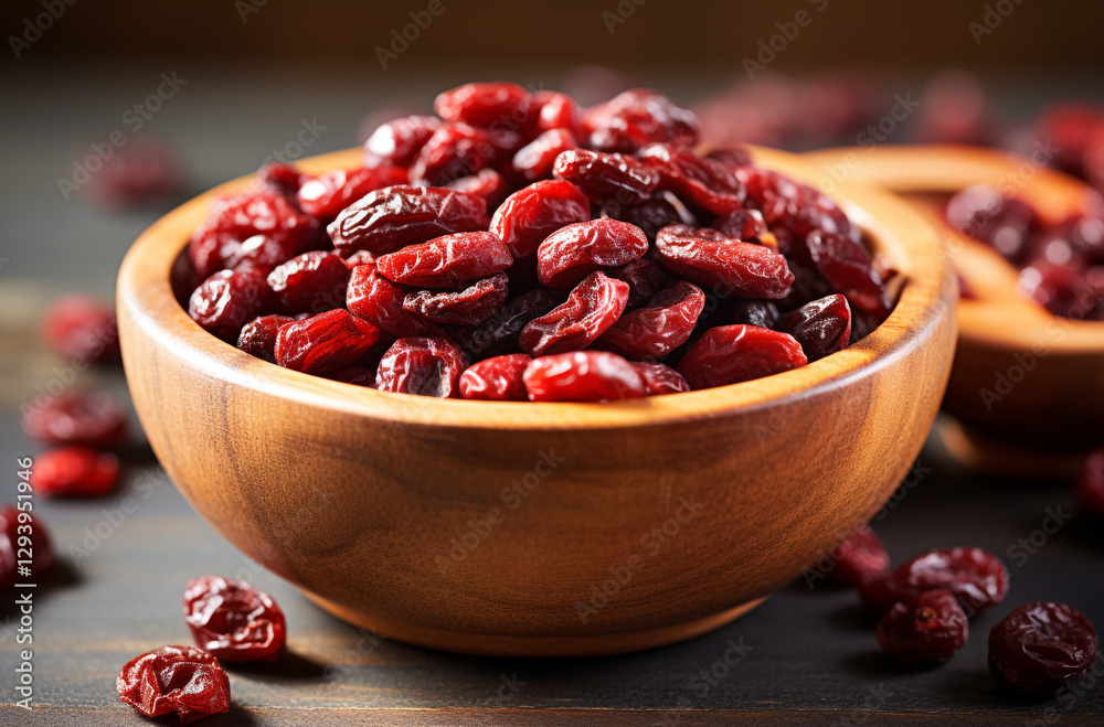 Wooden bowl filled with dried cranberries resting on fresh red berries Wooden bowl filled with dried cranberries resting on fresh red berries