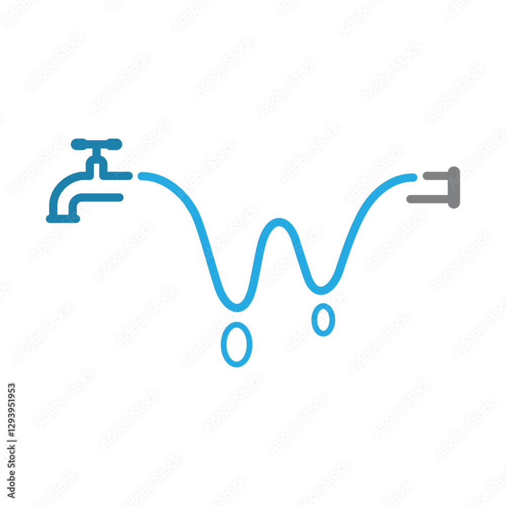 This image symbolizes wastewater management, showing water flow from a faucet to a sewage pipe. W shape and droplets represent water use, treatment, and disposal in a sustainable cycle.