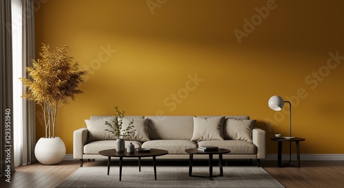 A beige sofa sits in front of a mustardyellow wall, complemented by two coffee tables, a floor lamp, a side table, and a large potted plant. Minimalist decor style.