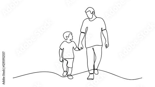 A minimalist line drawing depicts a father and young son walking handinhand. They stroll together, showcasing a loving fatherson bond. Simple, yet powerful image of family togetherness.