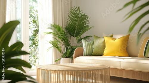 A living room with a yellow couch and a potted plant. The couch is covered in yellow pillows and the plant is in a vase. The room has a bright and cheerful atmosphere