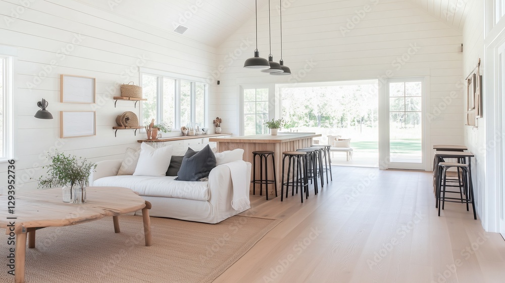 Fototapeta premium A large open living room with a kitchen area. The living room has a couch and a coffee table with a vase of flowers on it. The kitchen has a bar with stools and a dining table