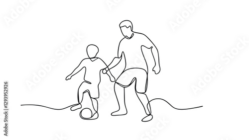 Father and Son Playing Soccer Continuous Line Art Drawing