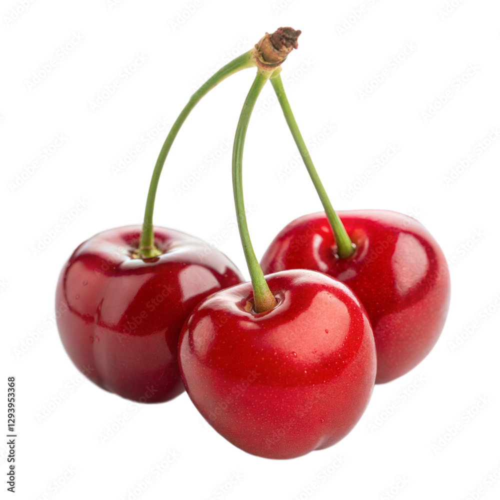 Close-up of three fresh, vibrant cherries, two cherries isolated on white Close-up of three fresh, vibrant cherries, two cherries isolated on white