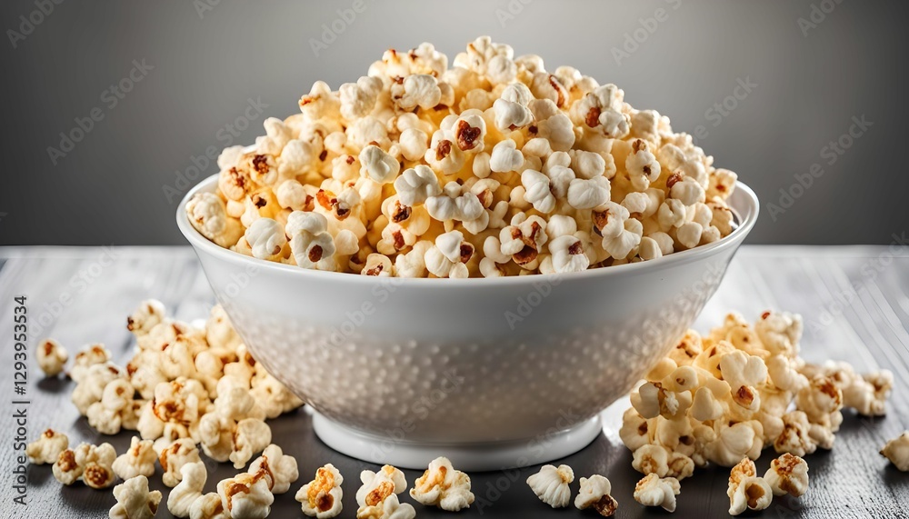 Popcorn in a white bowl on wooden table Popcorn in a white bowl on wooden table