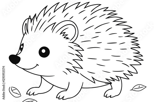 Cute Hedgehog Walking with Autumn Leaves Line Art Illustration