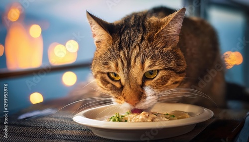 Fluffy Tabby Cat Basking in Cozy Kitchen Ambiance, Delightfully Savoring a Nutritious Feast amidst Warm Tones and Textured Surfaces.
