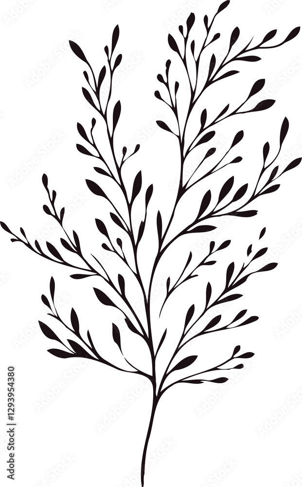 Fototapeta premium Illustrator Artwork Hand Drawn Vintage Sketch Drawing, green leaves Line Art, Plants Collection branches Floral elements, set of Botanical Illustration Outline leaf, branch Black And White leaves