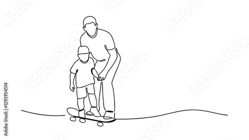 Grandfather teaches grandson skateboarding, singleline art, family bonding