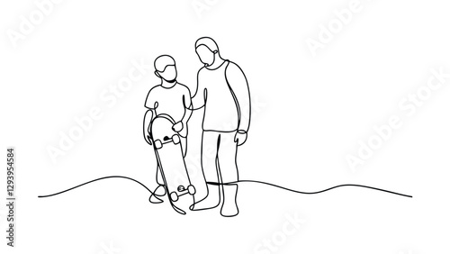 Oneline Drawing Father and Son with Skateboard, Outdoor Fun