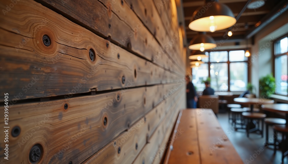 Rustic wooden wall design in cozy cafe interior with warm lighting, perfect for ambient setting Rustic wooden wall design in cozy cafe interior with warm lighting, perfect for ambient setting