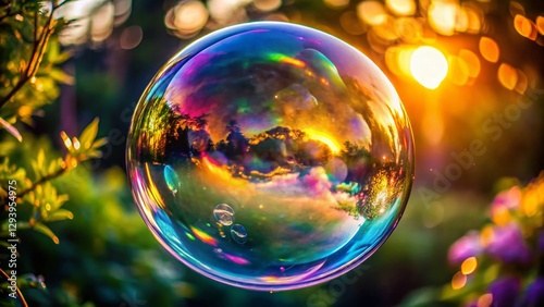 Giant Soap Bubble Floating Outdoors, Bokeh Background, Sunlight