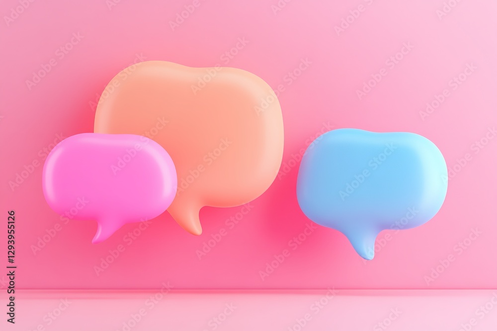 Three colorful speech bubbles are floating in the air on a pink background, with ample copy space for text. Three colorful speech bubbles are floating in the air on a pink background, with ample copy space for text.